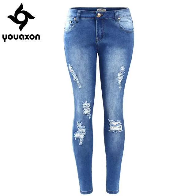 2016 Youaxon Plus Size Ripped Fading Jeans Women`s True Denim Skinny Distressed Jeans For Women Jean Pencil Pants Free Shipping