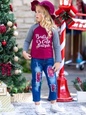 Baby It's Cold Outside Patched Top and Jeans Set