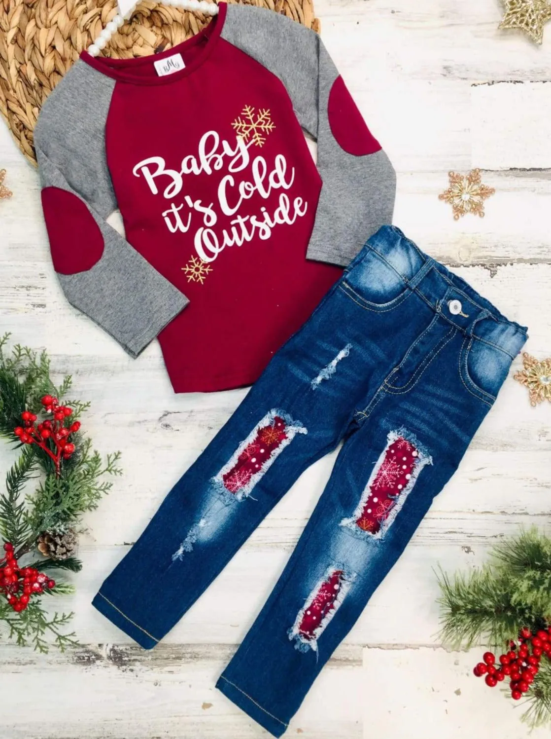 Baby It's Cold Outside Patched Top and Jeans Set