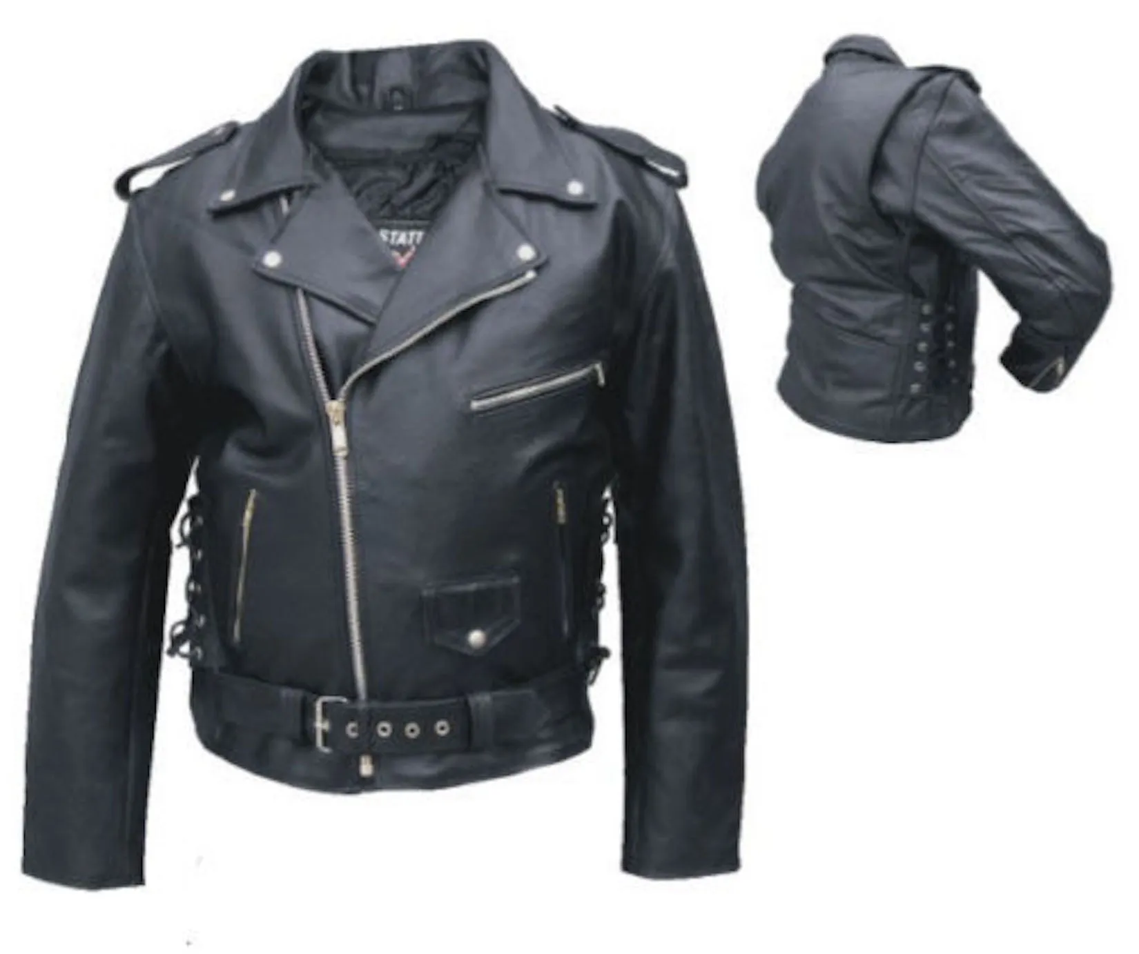 Black Cowhide Classic Leather Motorcycle Jacket With Side Laces