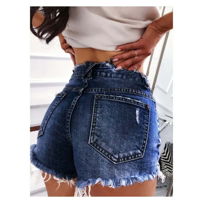 Blue Jean Cut Offs Faded Denim Dark Denim Or Gray Womens Daisy Dukes Jeans Shorts Back Pockets Frayed Hem Ripped Belt Loops Available In Sizes Small Medium Large XL And Plus Size XXL And XXXL