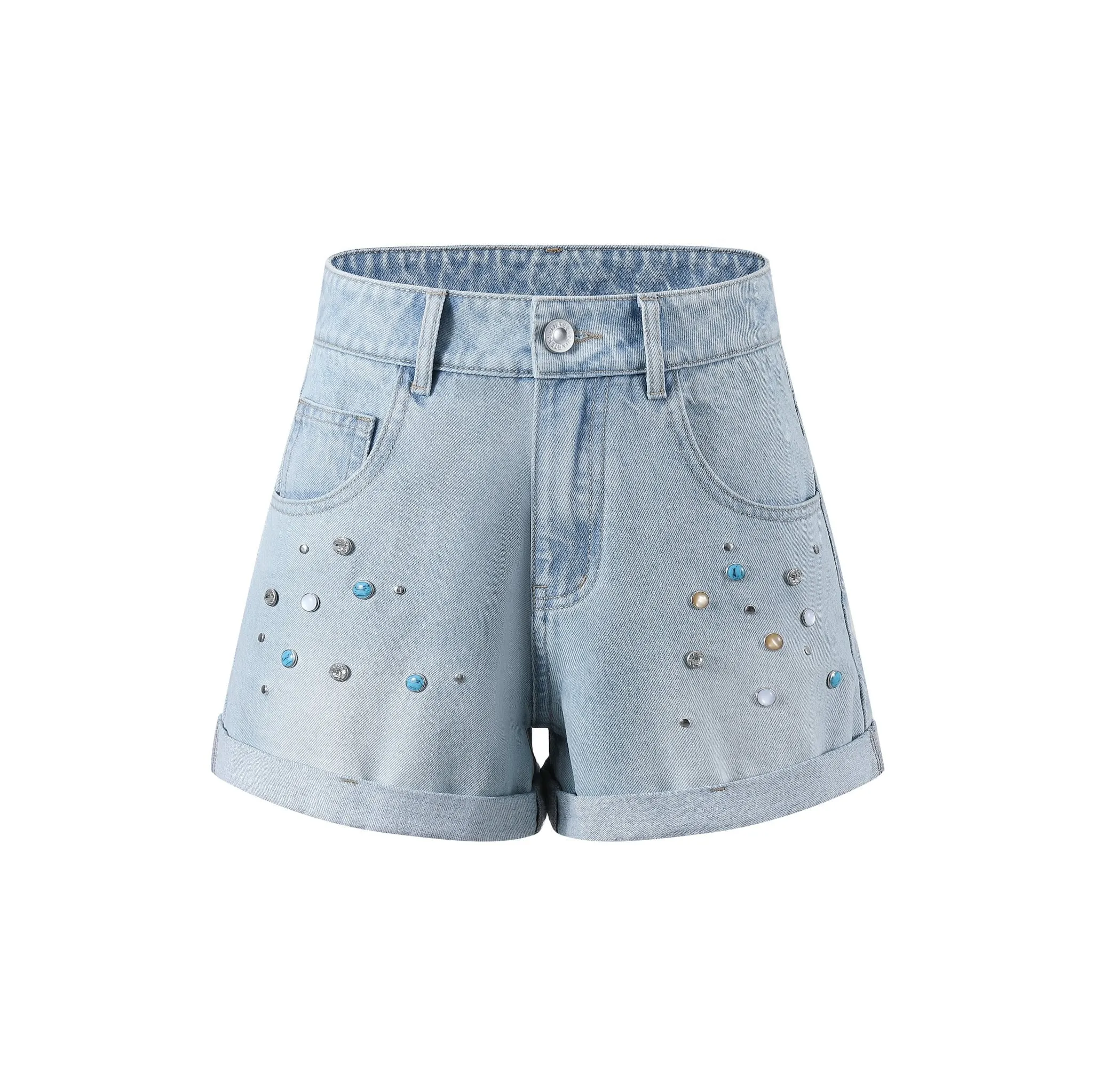 Blue Ripped Colored Studded Denim Shorts