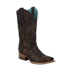 Corral Ladies Copper/Black Laser & Embroidery & Studs Square Toe Z5261