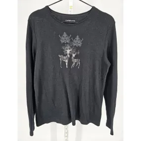 Croft & Barrow Womens Sz M Classic Long Sleeve Tee Black Silver Deer Print