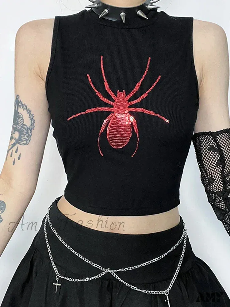 Crop Print Gothic Sleeveless Alt Spider Punk Top Graphic