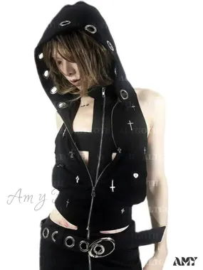 Dark Hooded Vest Grunge Alt Gothic Streetwear Cross Crop Top Cyberpunk