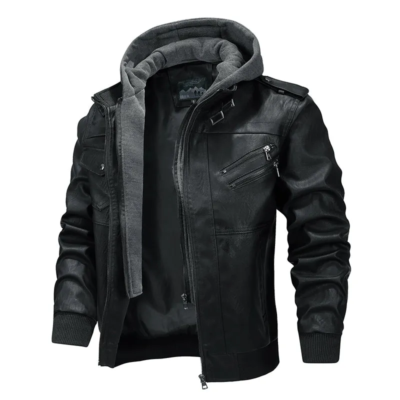 Detachable Hat Fall plus Size Casual Cycling Leather Coat