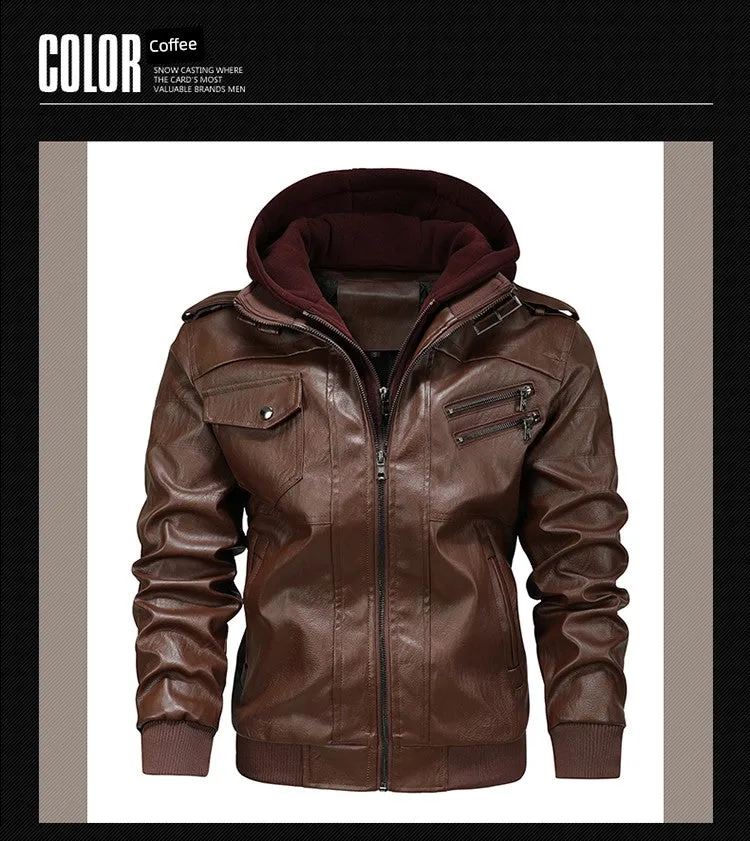 Detachable Hat Fall plus Size Casual Cycling Leather Coat