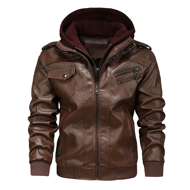 Detachable Hat Fall plus Size Casual Cycling Leather Coat