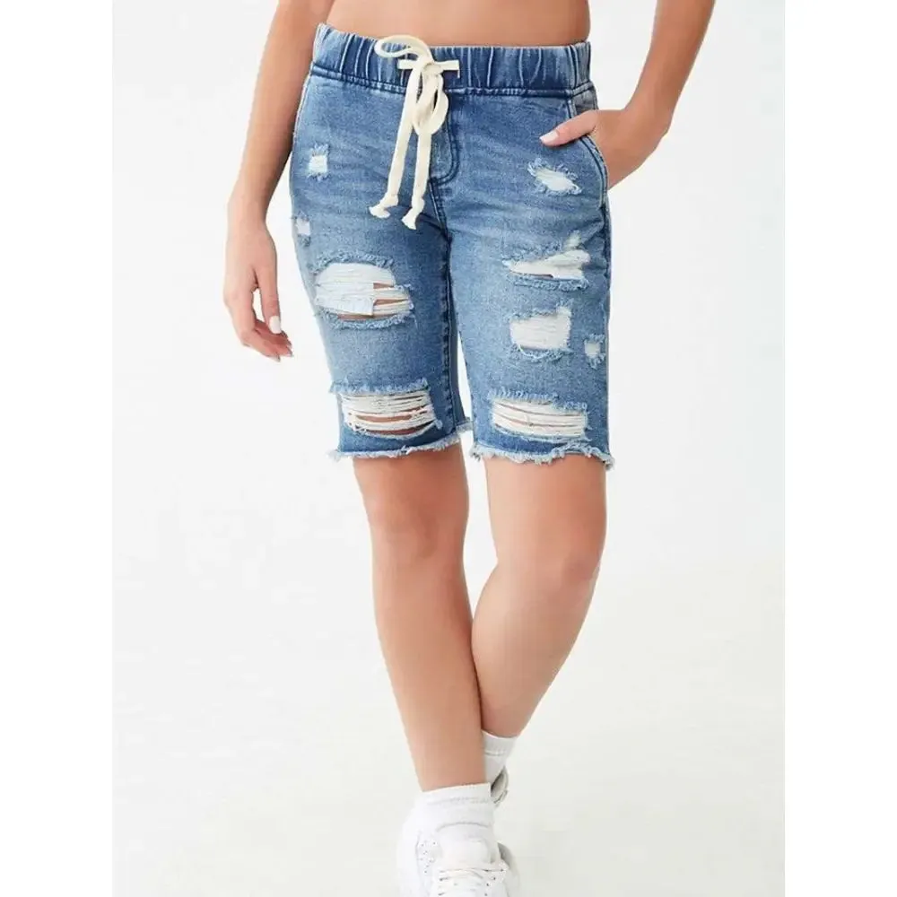 Elastic Ripped Pencil Denim Shorts