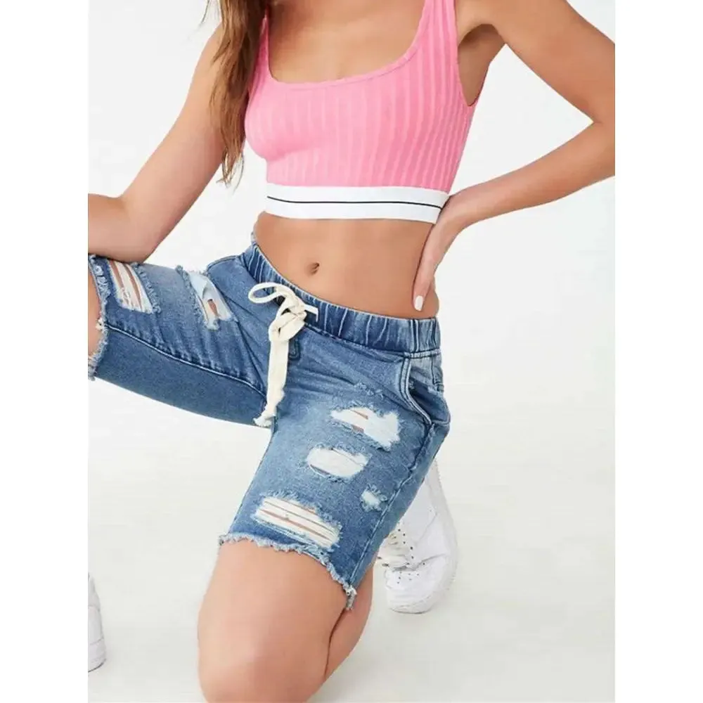 Elastic Ripped Pencil Denim Shorts