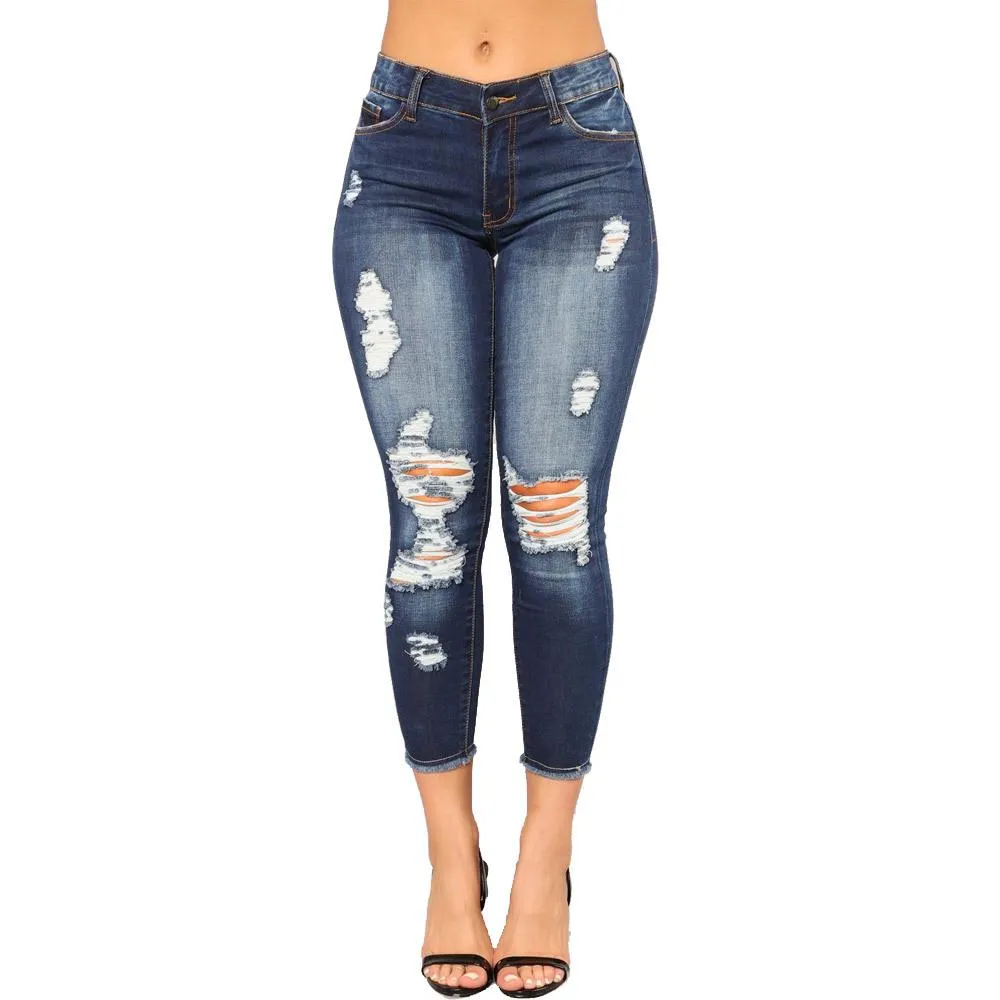 FashionSierra - Women's knee ripped skinny cropped lifting jeans