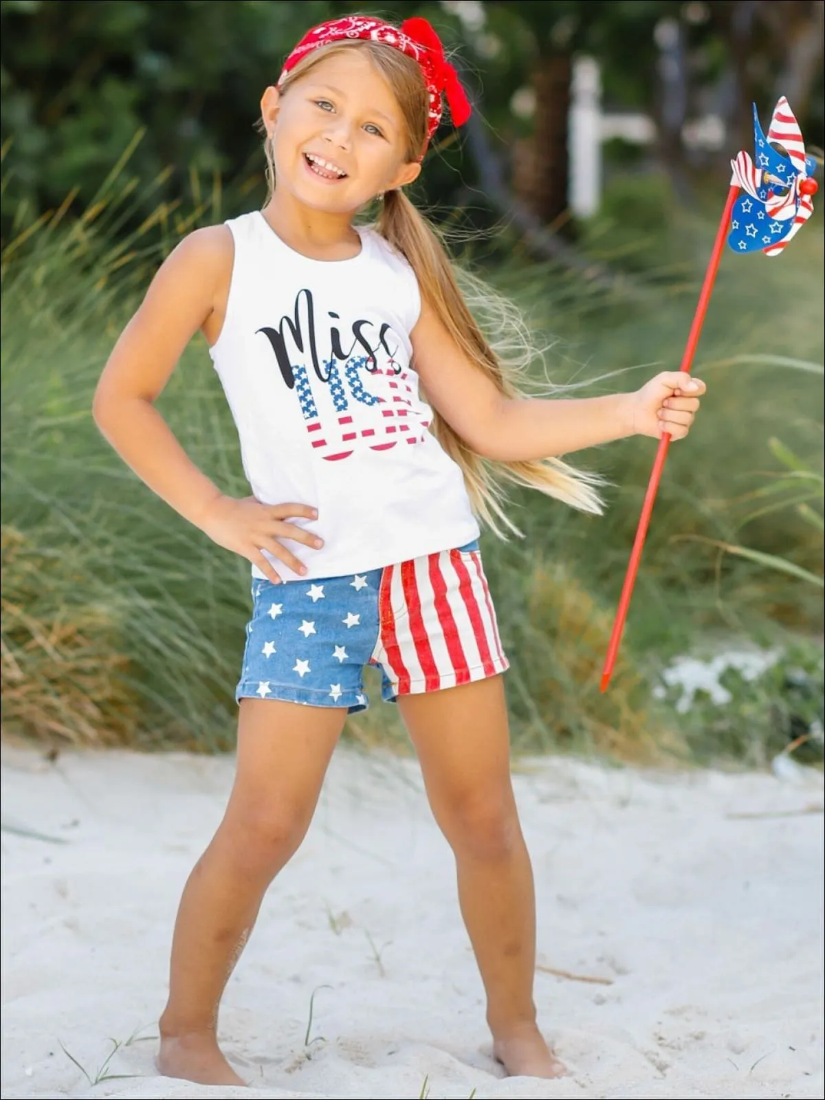 Girls 4th of July Themed "Miss USA" Tank And American Flag Denim Shorts