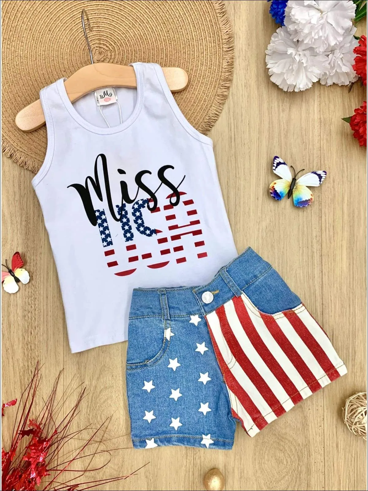 Girls 4th of July Themed "Miss USA" Tank And American Flag Denim Shorts