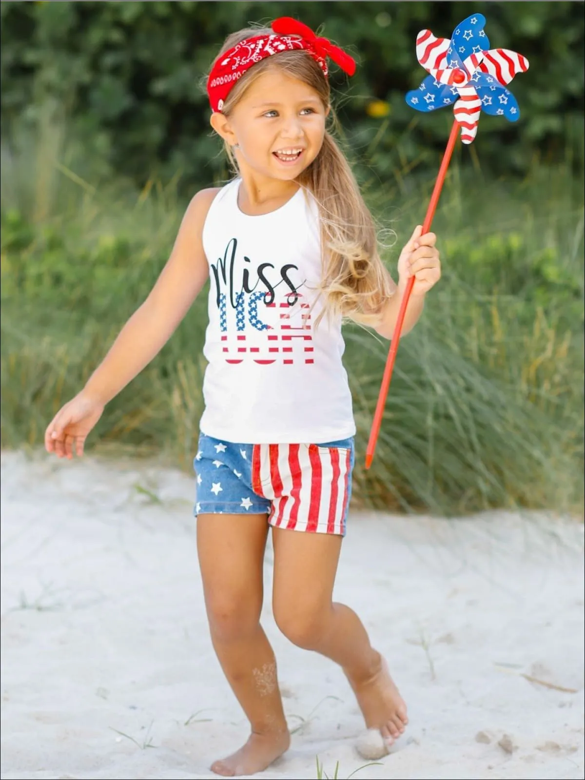 Girls 4th of July Themed "Miss USA" Tank And American Flag Denim Shorts