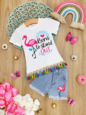 Girls "Born to Stand Out" Flamingo Top And Denim Short Set