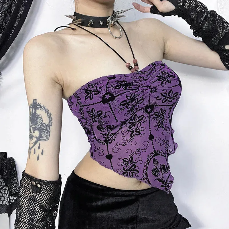 Gothic Halterneck Flocked Printed Backless Bandeau Crop Top