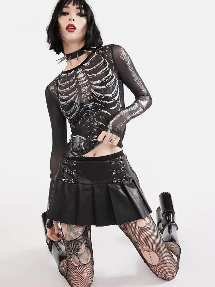 Gothic Punk Skeleton Pattern Long Sleeve Crop Top