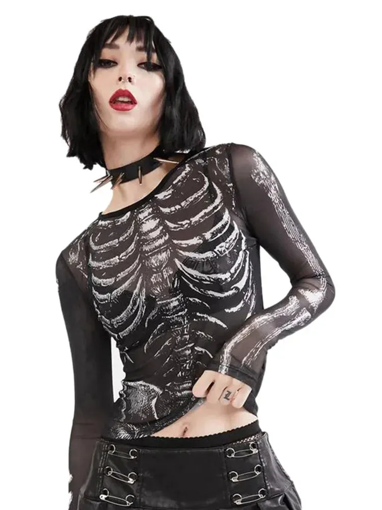 Gothic Punk Skeleton Pattern Long Sleeve Crop Top