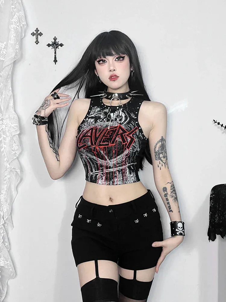 Gothic Retro Rivet Print Graphic Crop Top