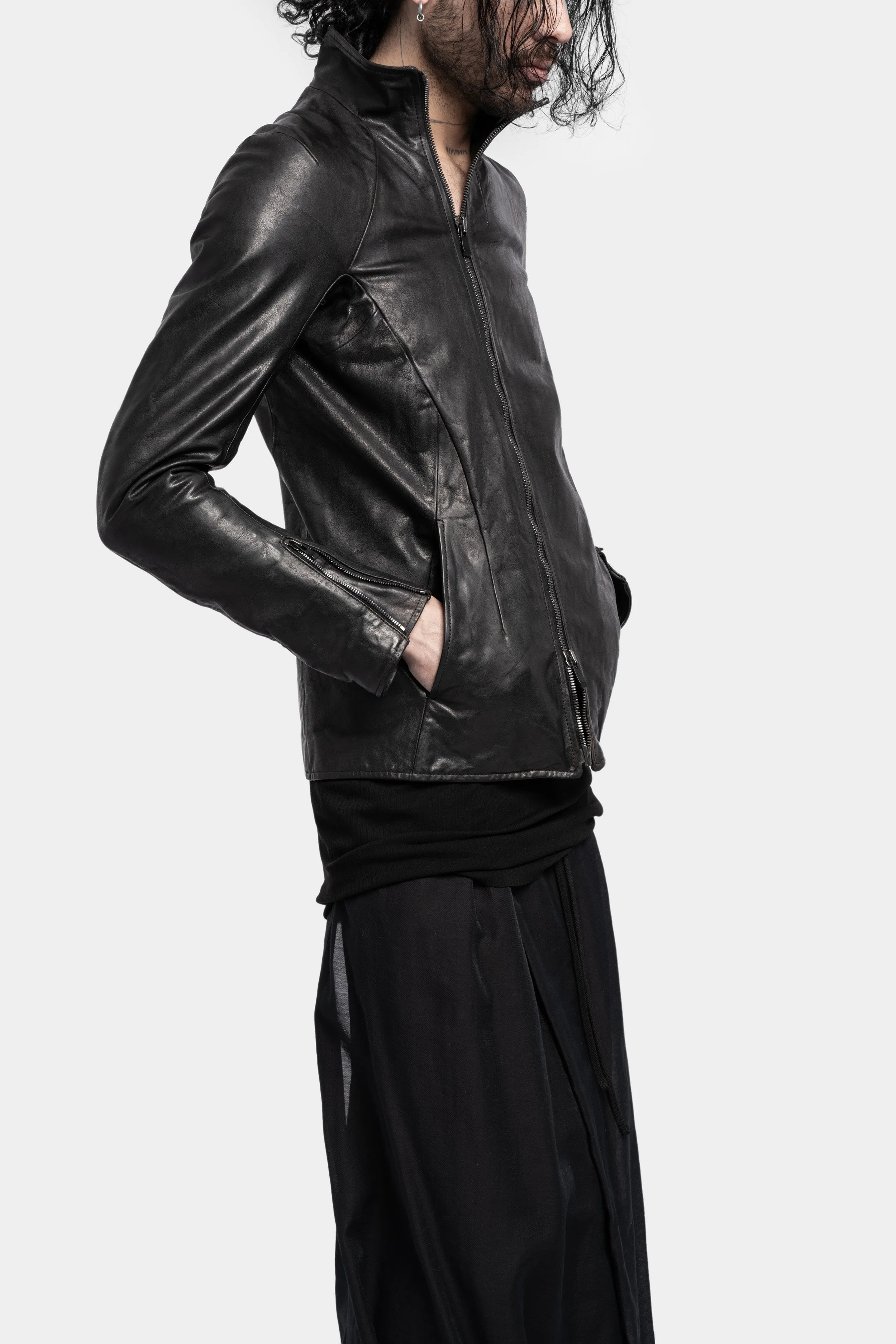 High neck asymmetrical zip leather jacket