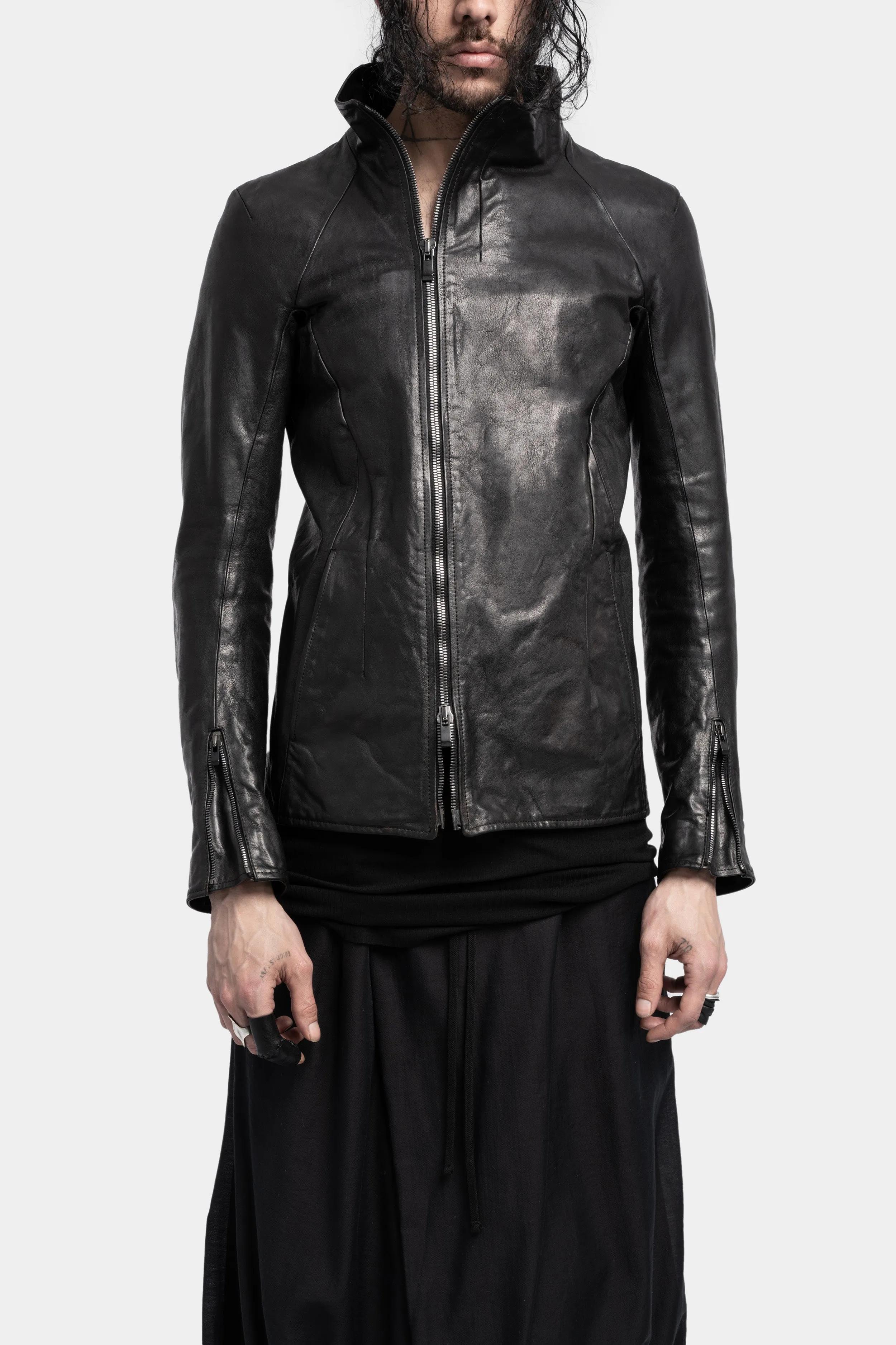 High neck asymmetrical zip leather jacket