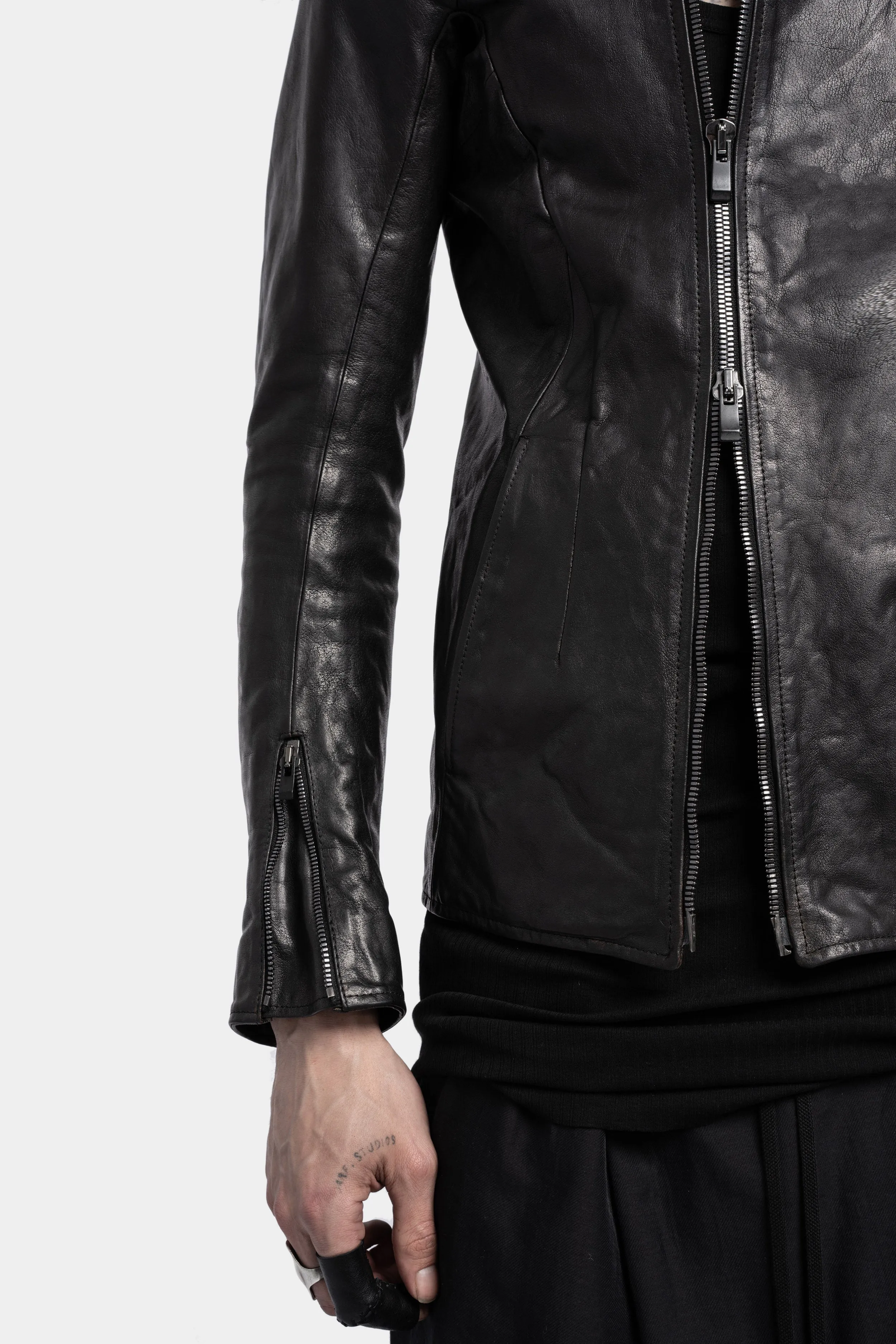 High neck asymmetrical zip leather jacket