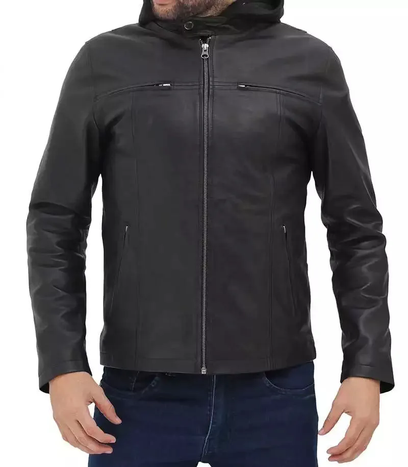 Jonathan Mens Black Cafe Racer Leather Jacket with Removable Hood