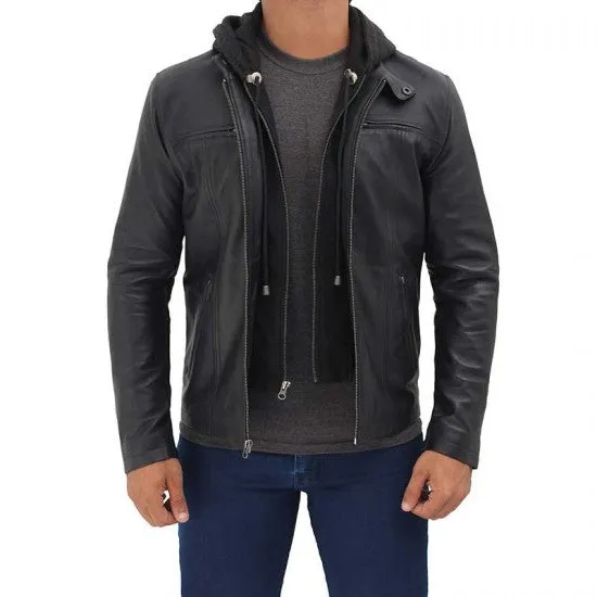 Jonathan Mens Black Cafe Racer Leather Jacket with Removable Hood