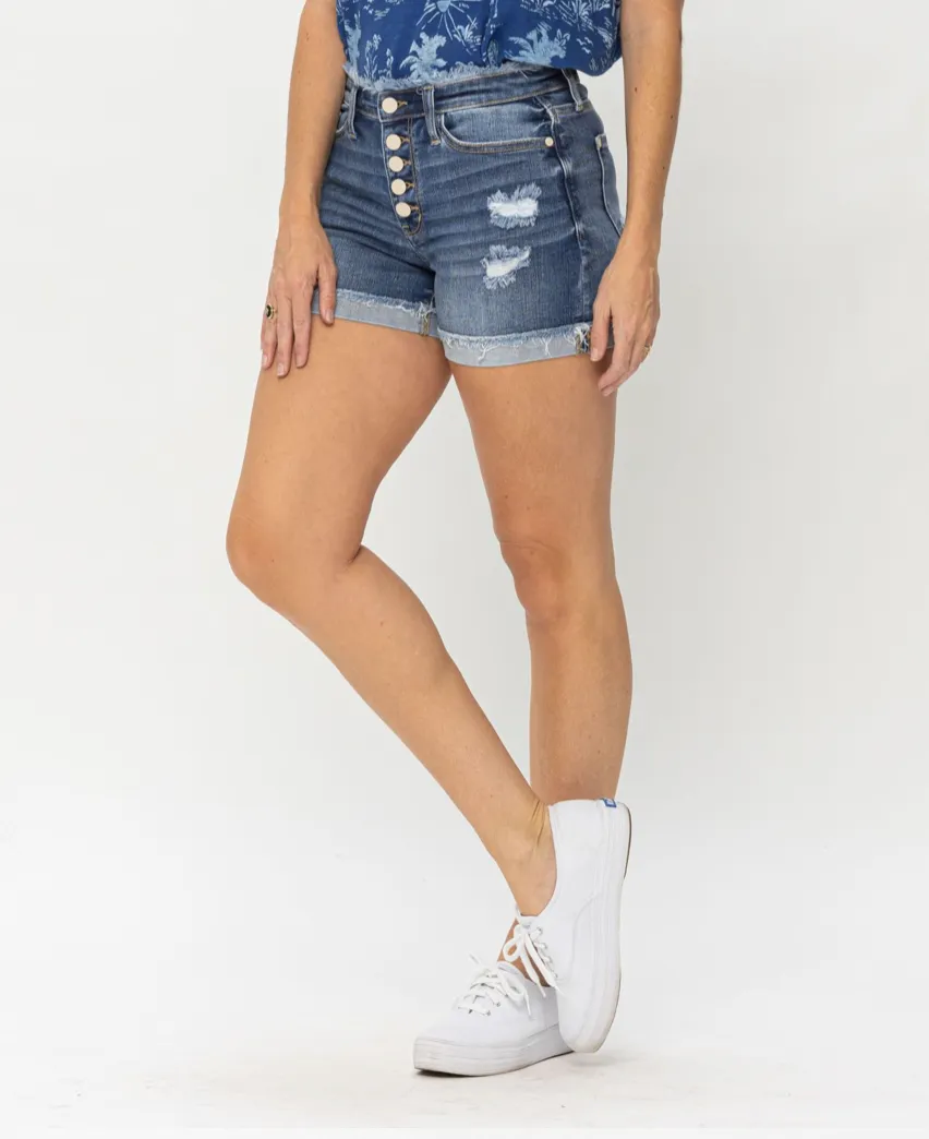 Judy Blue Mid Rise Fray Button Fly Denim Short