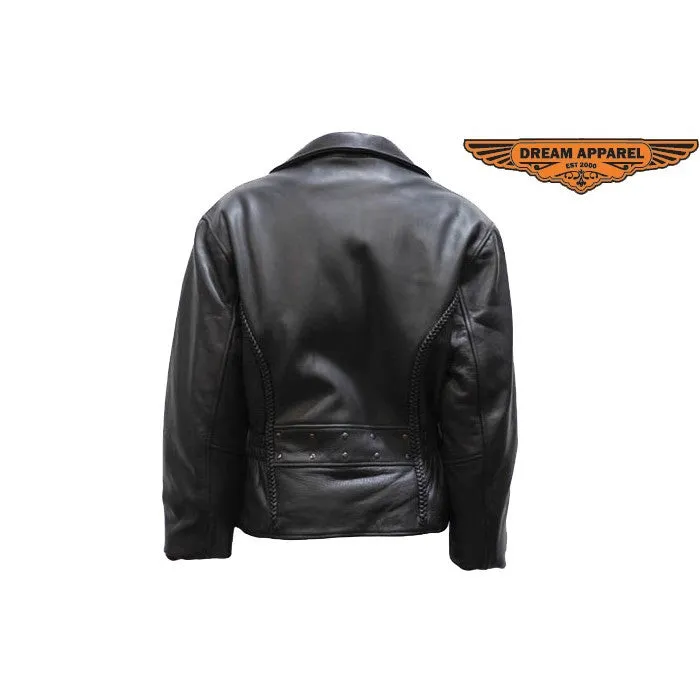 Ladies Classic Split Leather Patrol Style Motorcycle Jacket Braid Trim