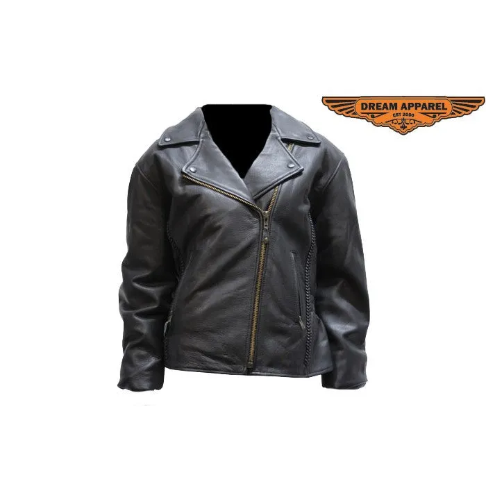 Ladies Classic Split Leather Patrol Style Motorcycle Jacket Braid Trim