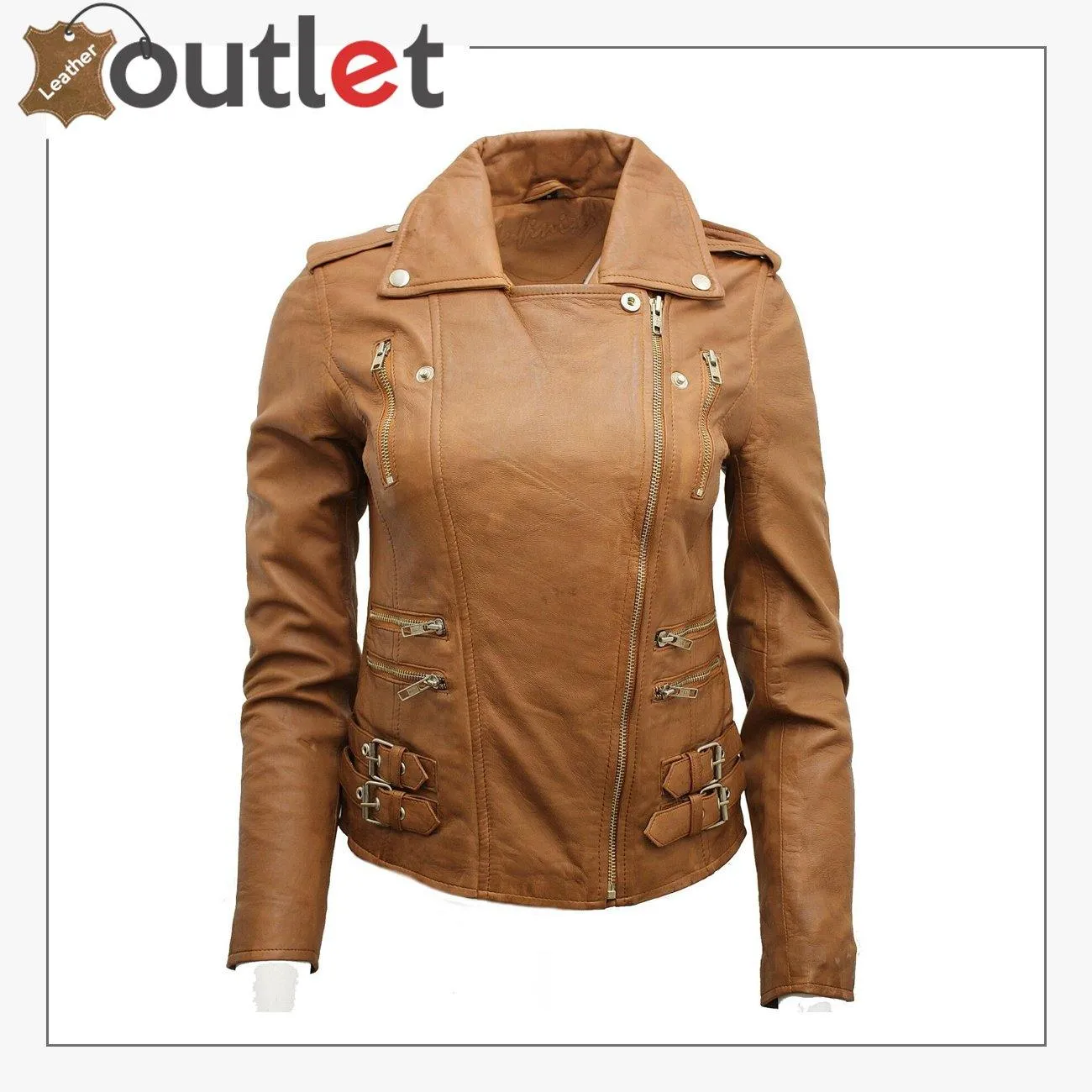 Ladies Tan Real 100% Lamb Nappa Leather Biker Jacket