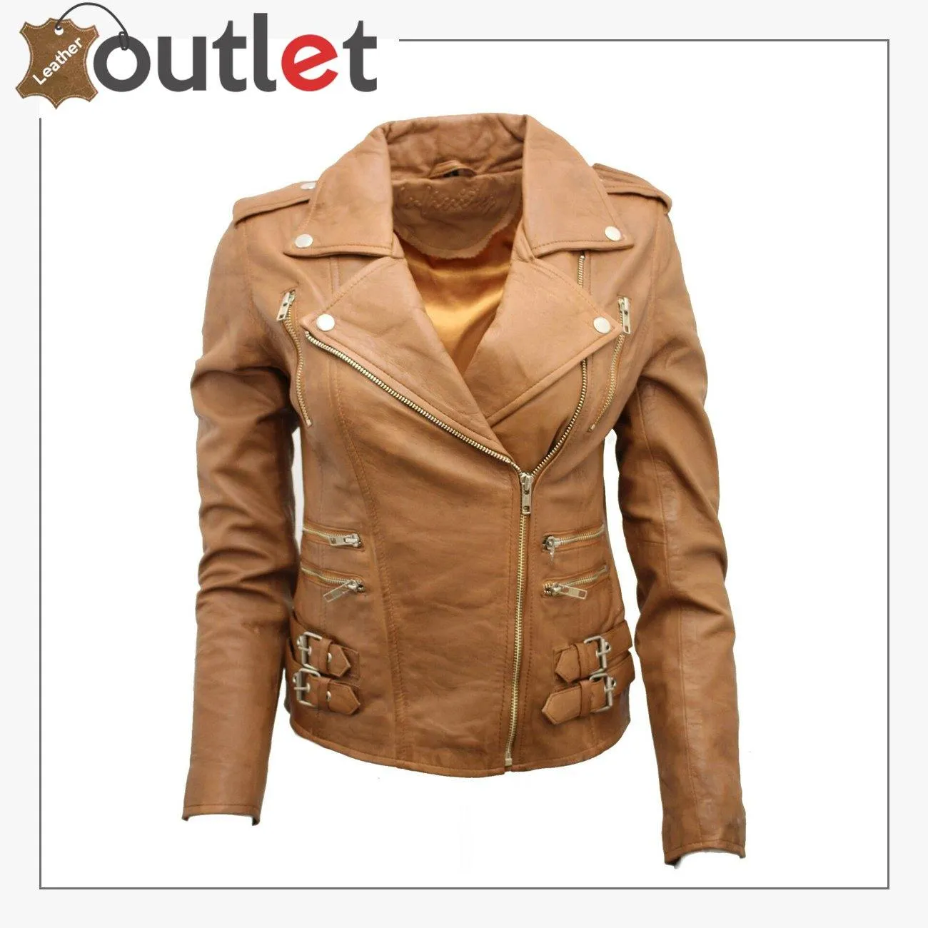 Ladies Tan Real 100% Lamb Nappa Leather Biker Jacket