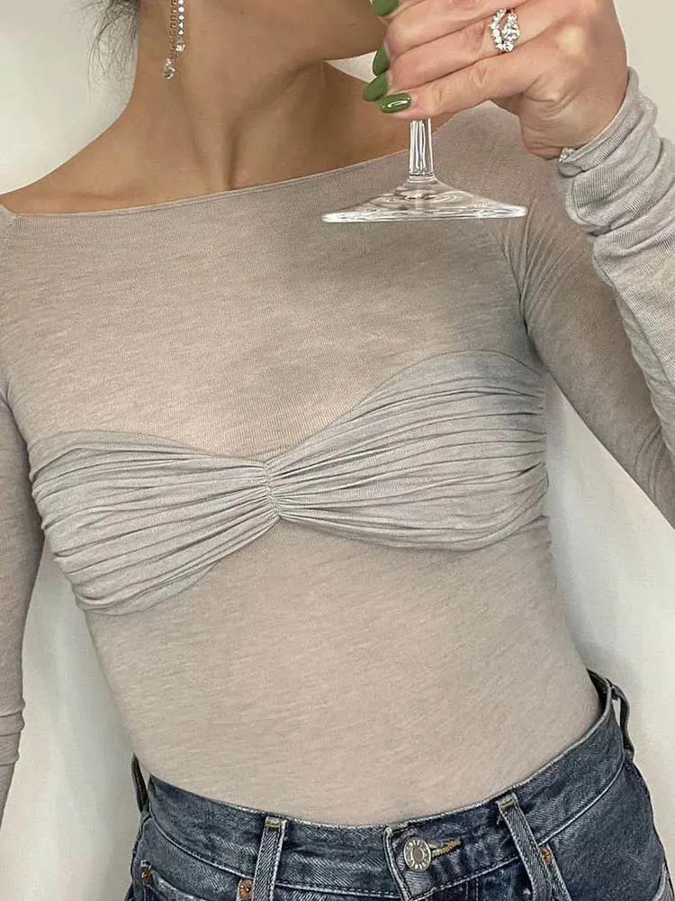 Long Sleeve Shoulder Gauze Crop Top