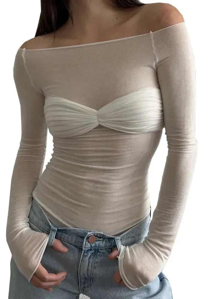 Long Sleeve Shoulder Gauze Crop Top