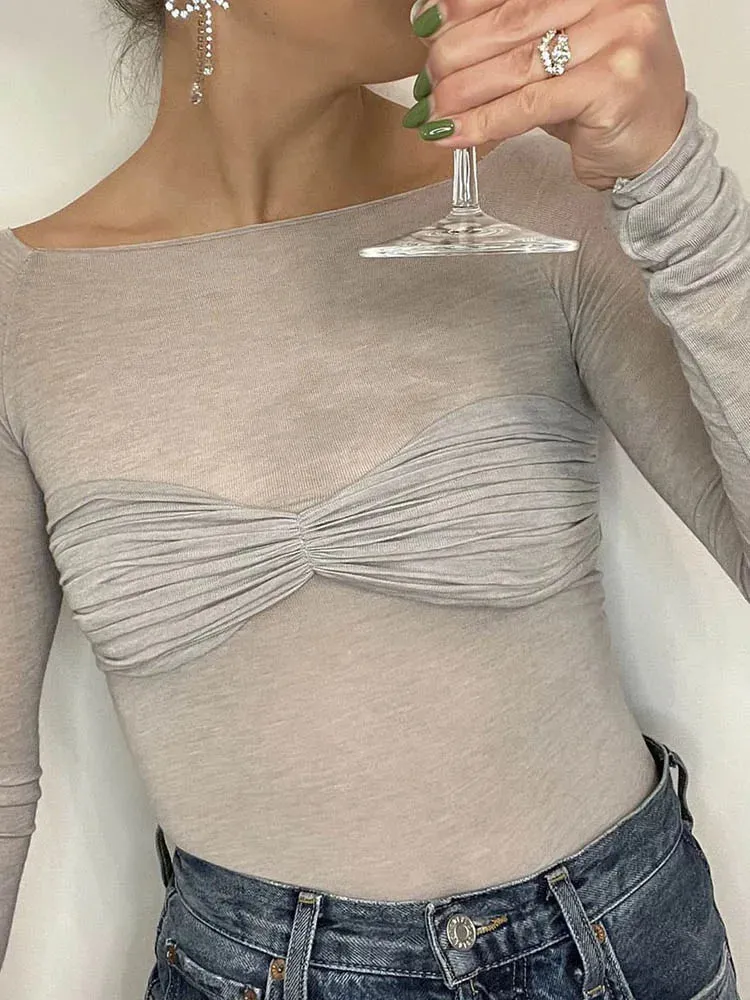 Long Sleeve Shoulder Gauze Crop Top