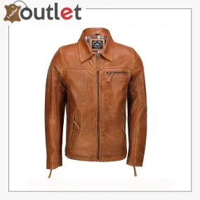 Mens Real Leather Classic Collar Retro Zip Up Biker Jacket