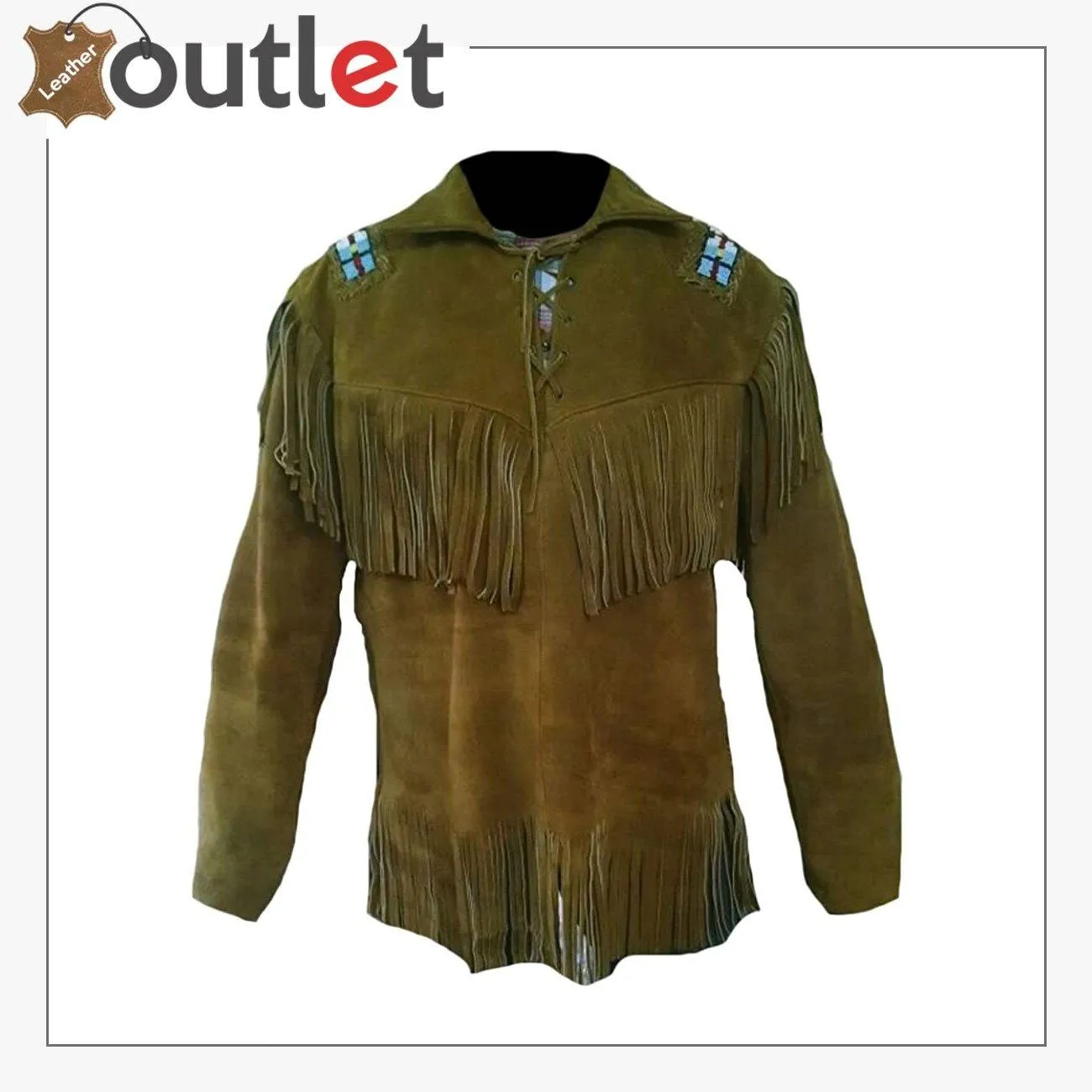 Mens Western Cowboy Fringed and Beaded Brown Jacket