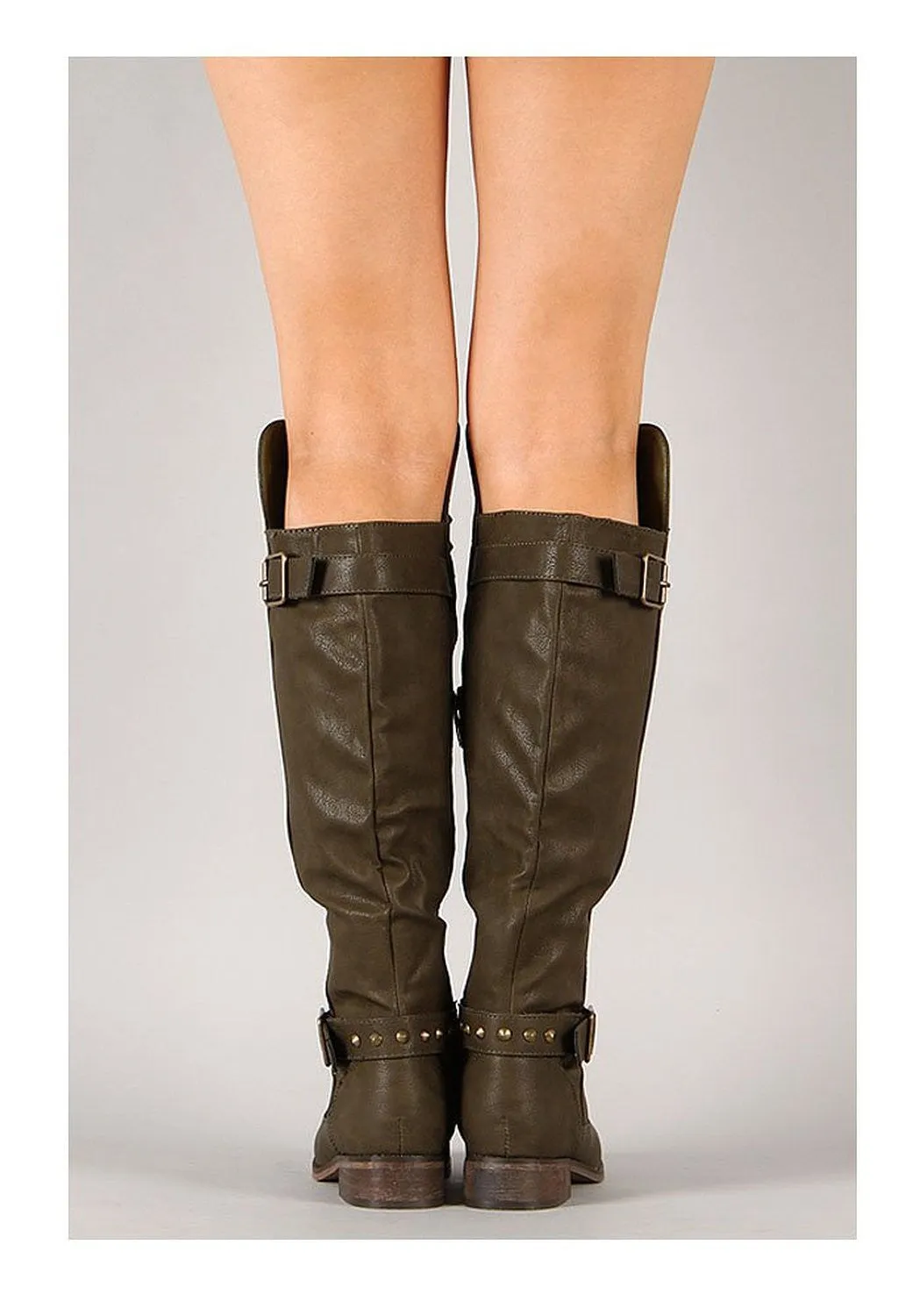 Military Green Studded Buckle Riding Knee High Boot Womens