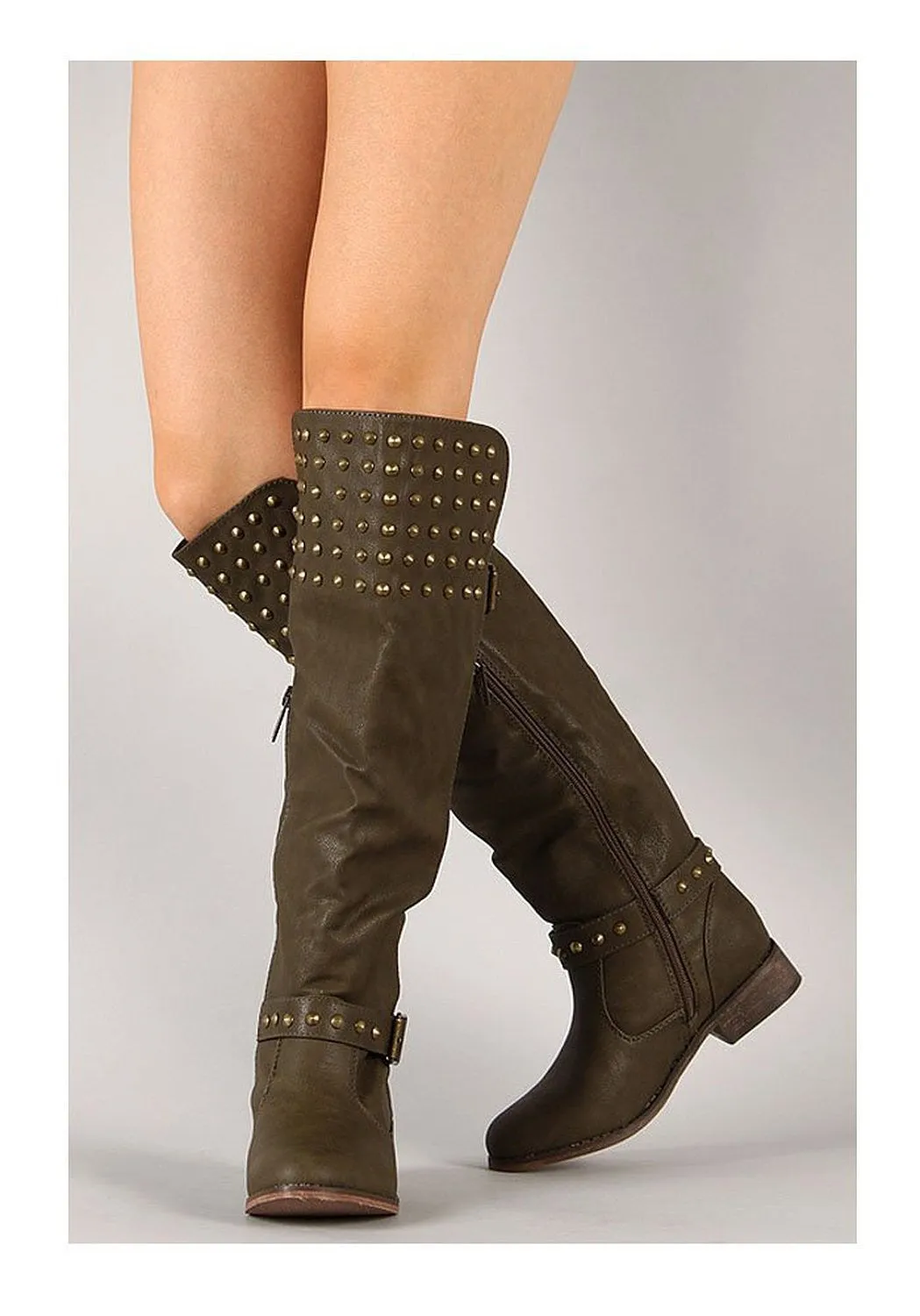 Military Green Studded Buckle Riding Knee High Boot Womens