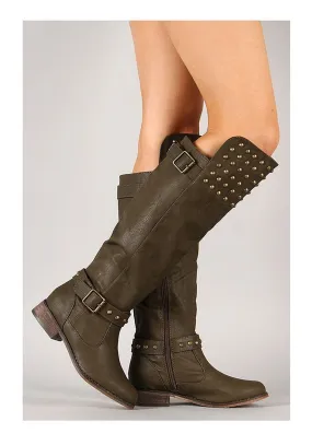 Military Green Studded Buckle Riding Knee High Boot Womens