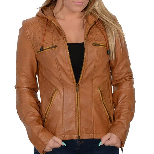 Milwaukee Leather SFL2810 Women's Cognac Scuba Style Fashion Leather Jacket with Drawstring and Hoodie