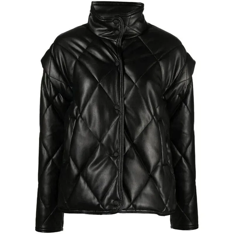 New Women Black Puffer Leather Jacket