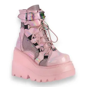 Pink Patent Combat Wedge Platform Boots