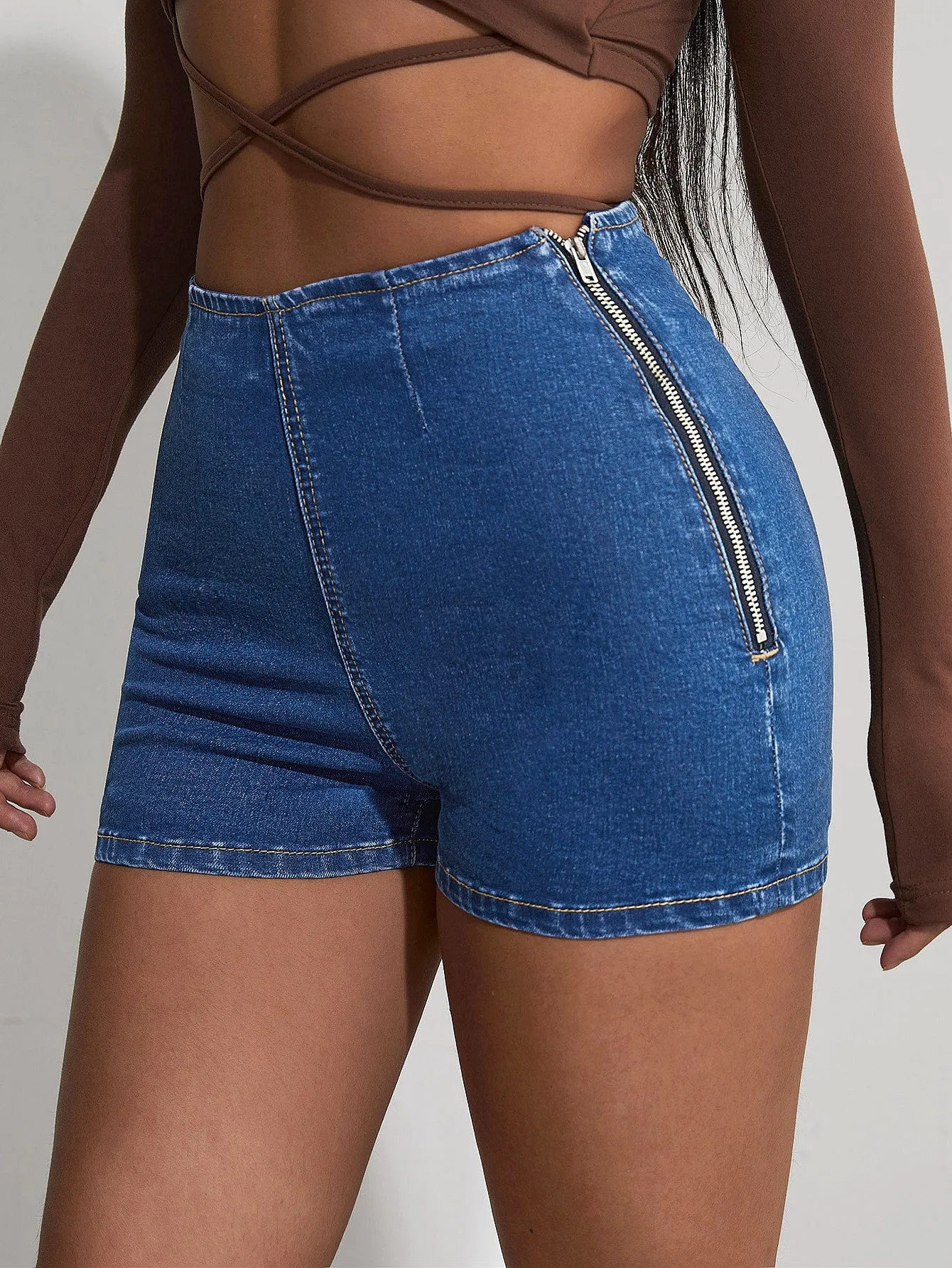 Plain Zipper High Waist Women Denim Shorts