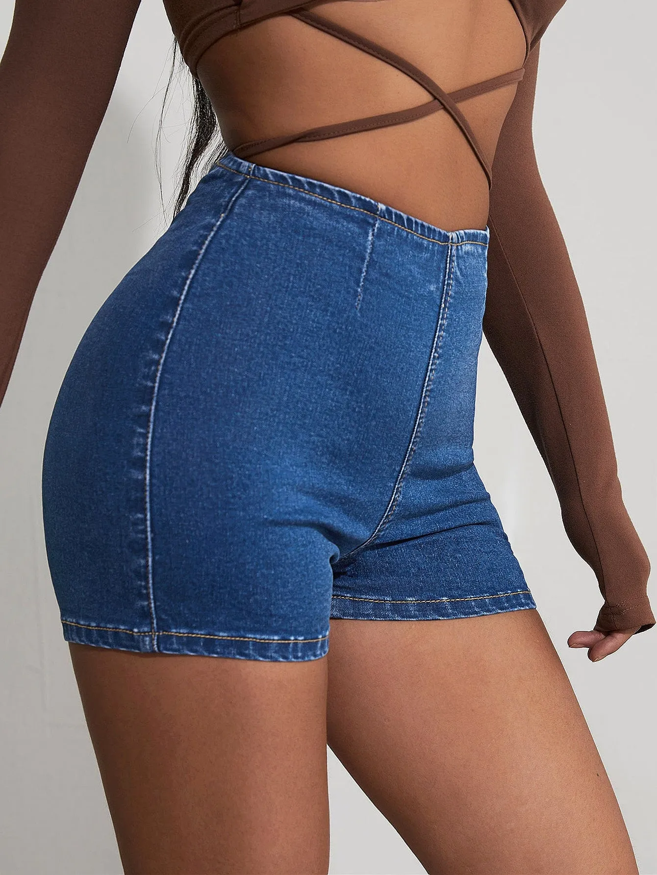 Plain Zipper High Waist Women Denim Shorts