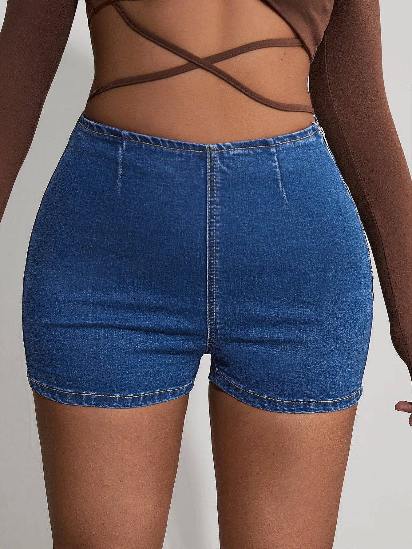 Plain Zipper High Waist Women Denim Shorts