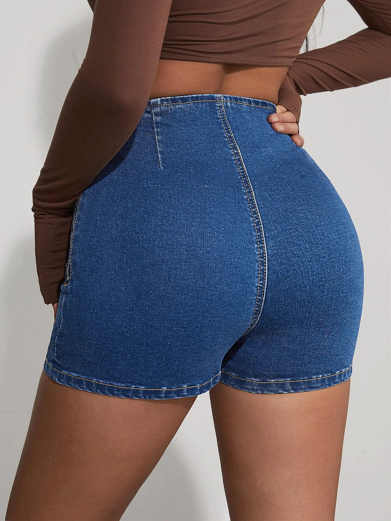 Plain Zipper High Waist Women Denim Shorts