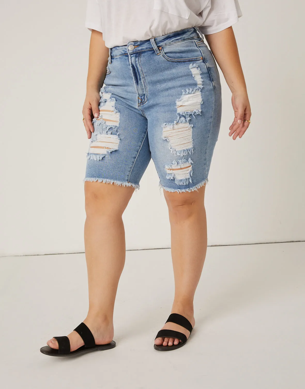 Plus Size Distressed Bermuda Denim Shorts